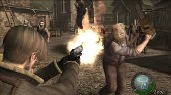 An image from the game Resident Evil 4 (2005), showing Leon Kennedy shooting a man charging at him with a chainsaw.