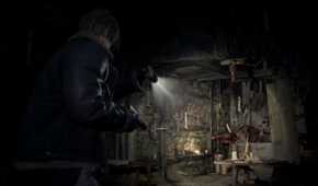 An image from the game Resident Evil 4 (2023), showing Leon Kennedy shining a flashlight in a dark room.