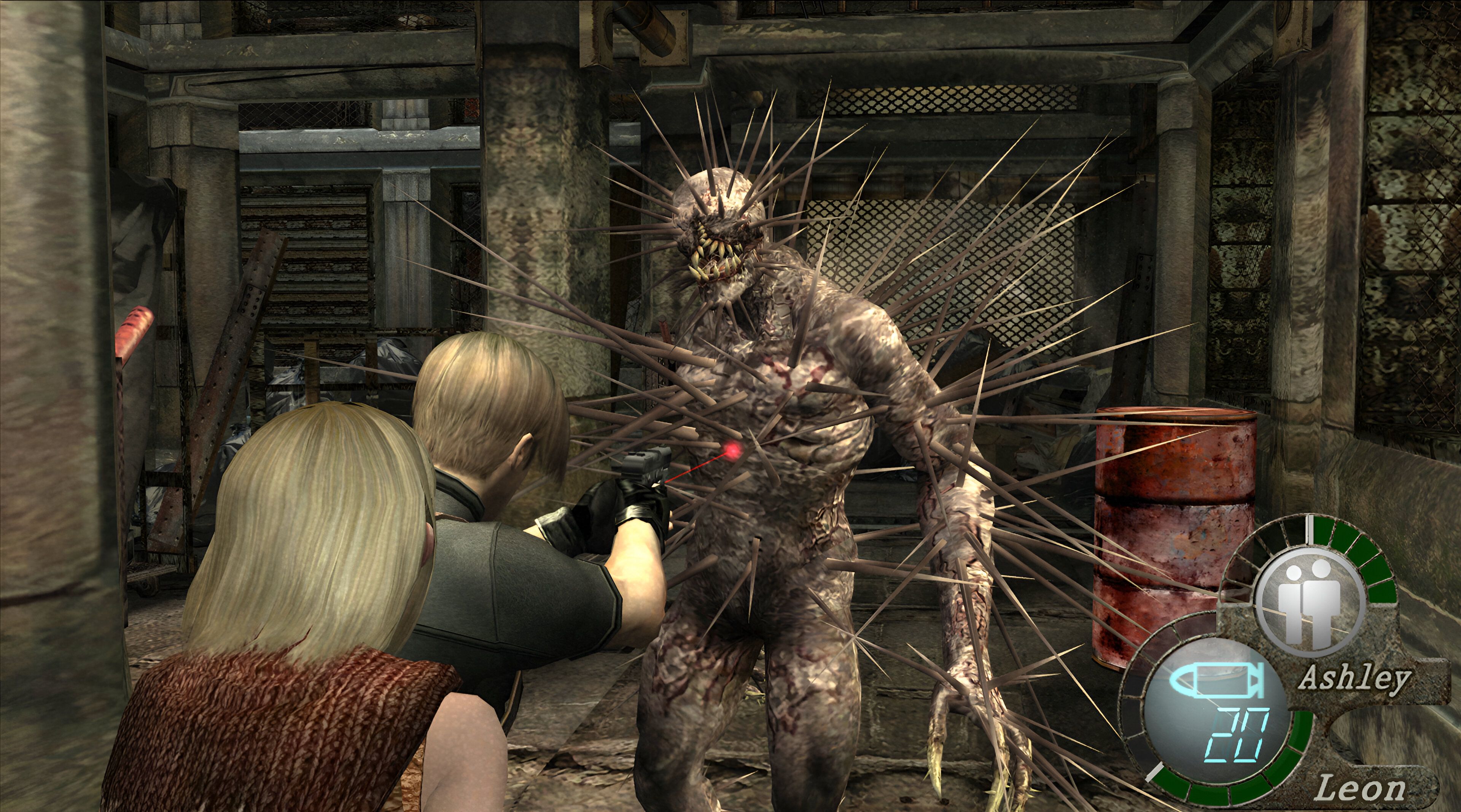 An image from the game Resident Evil 4 (2005), showing Leon Kennedy aiming at an iron maiden.