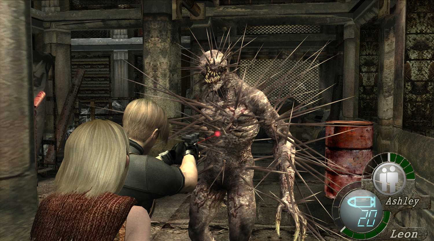 An image from the game Resident Evil 4 (2005), showing Leon Kennedy aiming at an iron maiden.