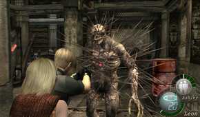 An image from the game Resident Evil 4 (2005), showing Leon Kennedy aiming at an iron maiden.
