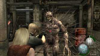An image from the game Resident Evil 4 (2005), showing Leon Kennedy aiming at an iron maiden.
