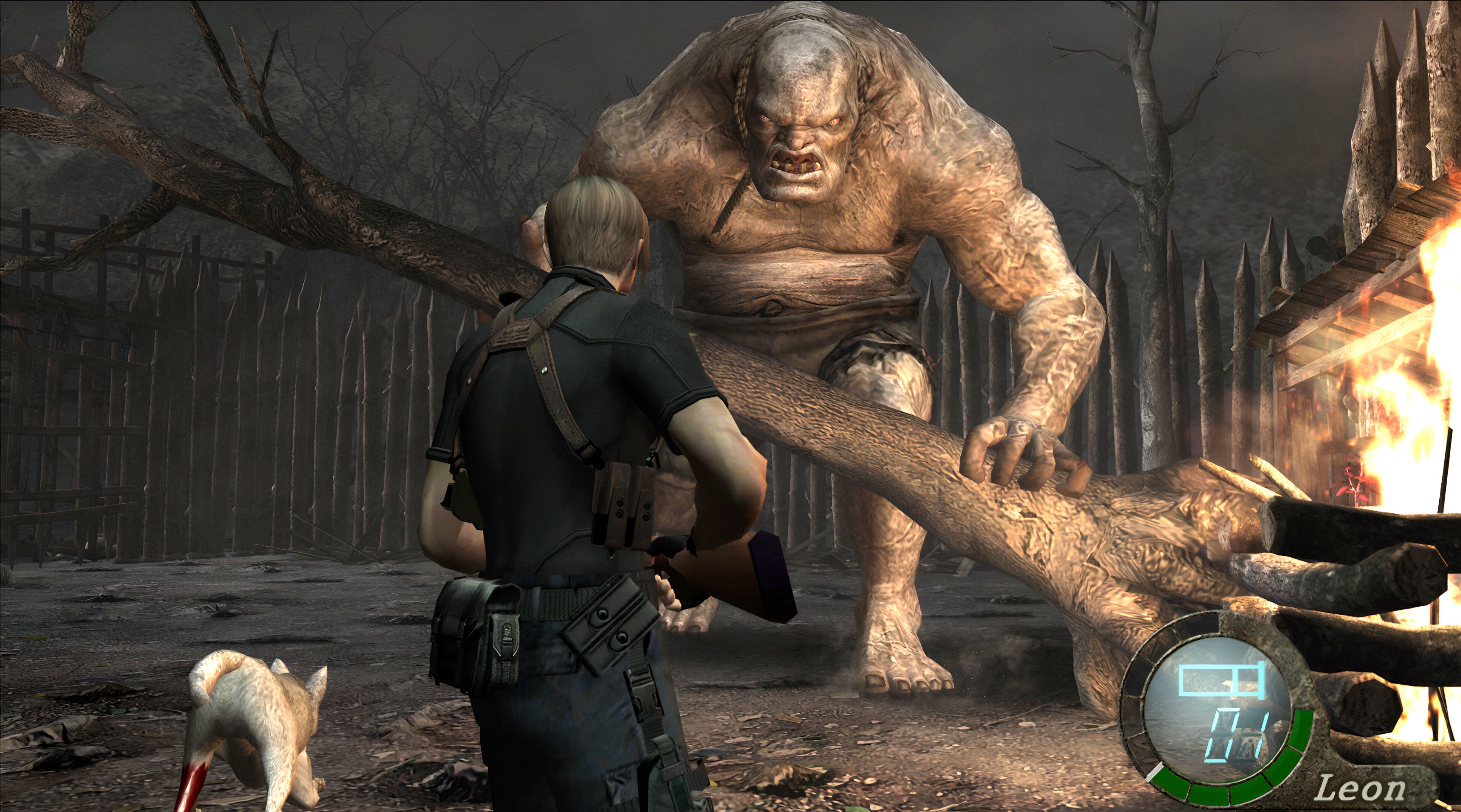 An image from the game Resident Evil 4 (2005), showing Leon Kennedy facing off against a troll.