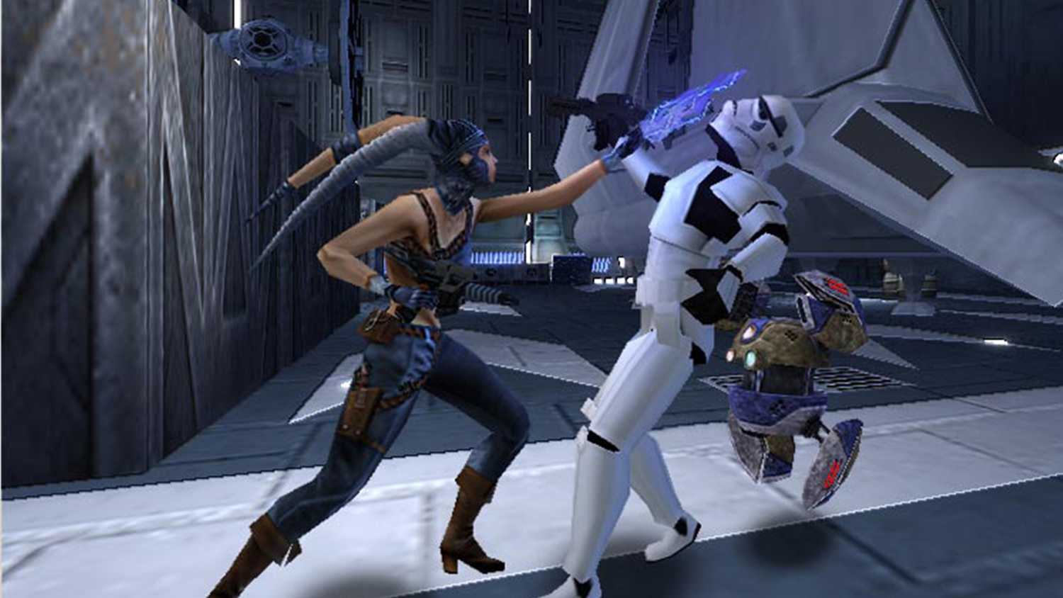 A screenshot of Rianna Saren fighting a stormtrooper.