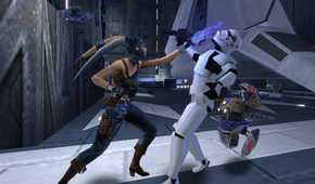 A screenshot of Rianna Saren fighting a stormtrooper.
