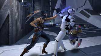 A screenshot of Rianna Saren fighting a stormtrooper.