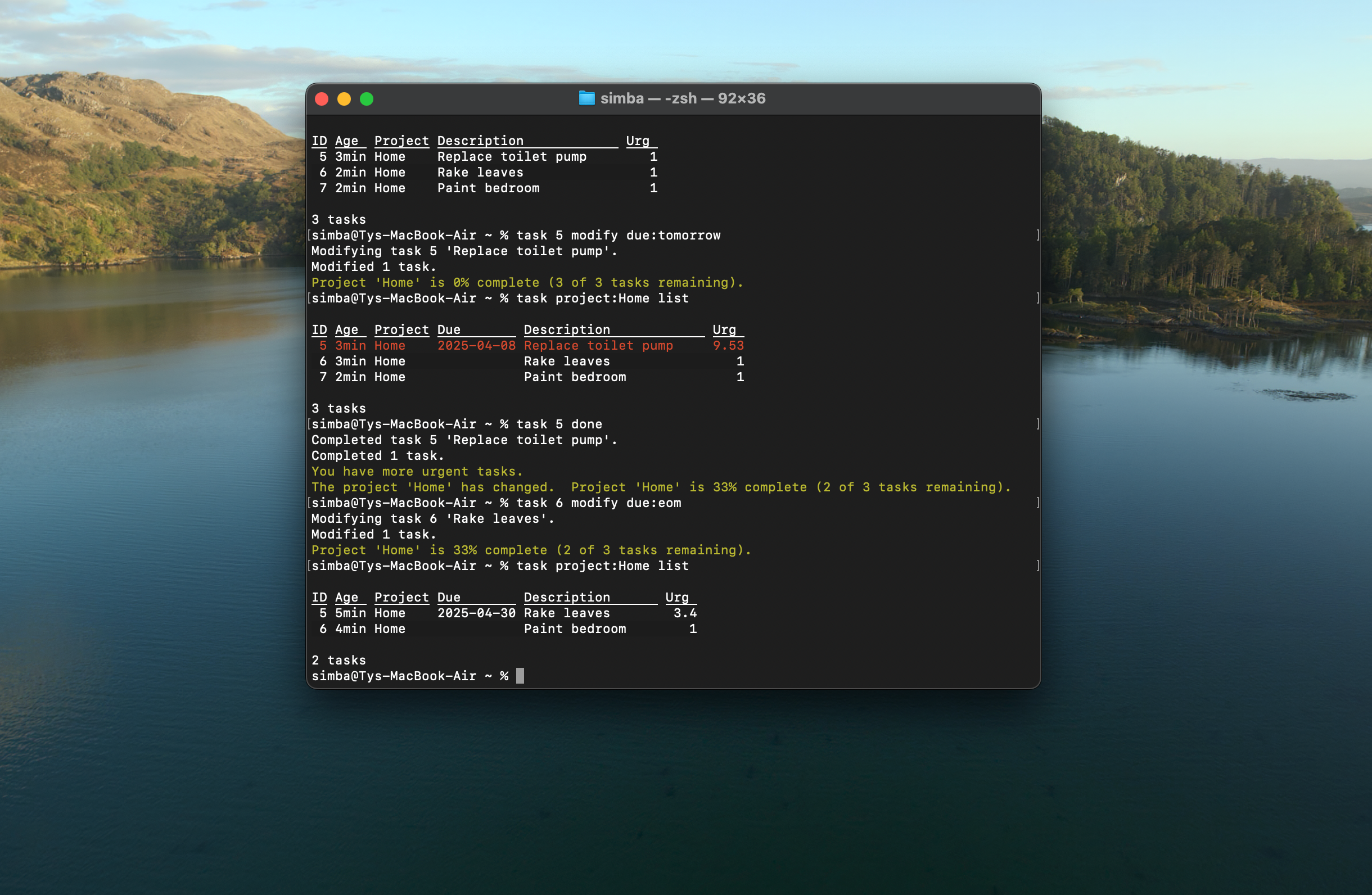 A screenshot of Taskwarrior on macOS