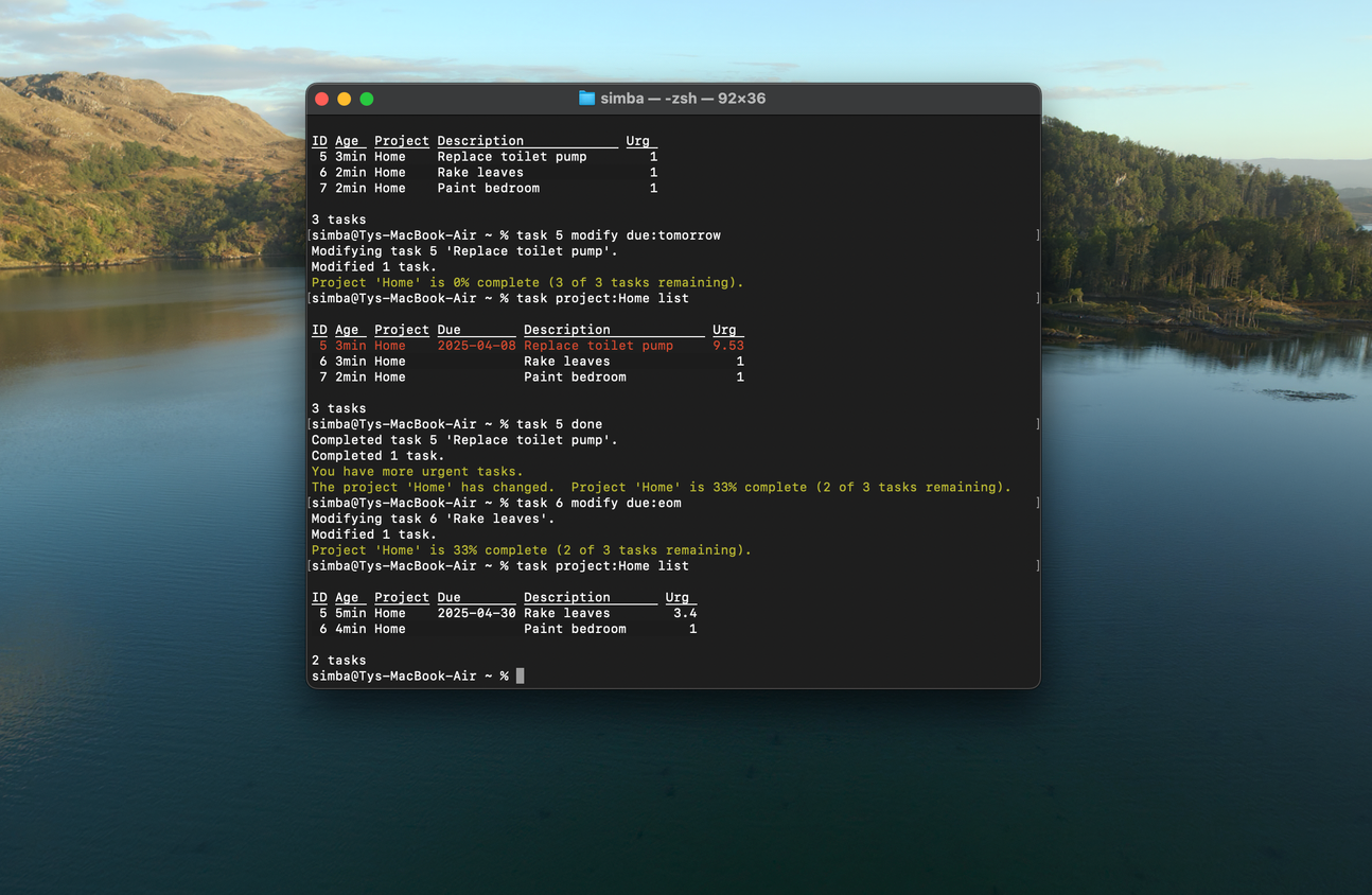 A screenshot of Taskwarrior on macOS