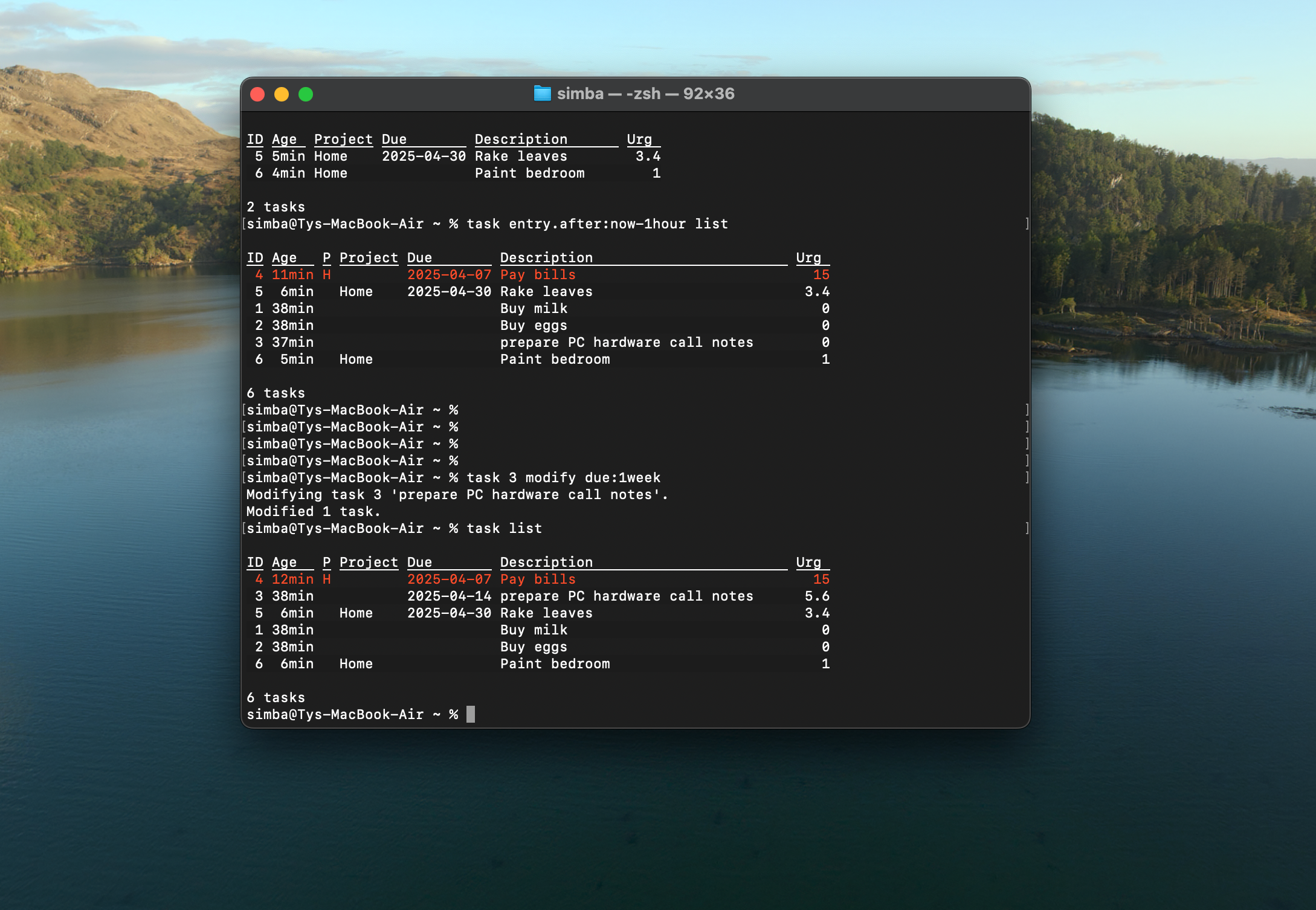 A screenshot of Taskwarrior on macOS