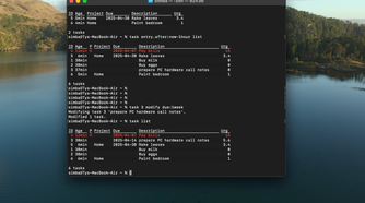 A screenshot of Taskwarrior on macOS