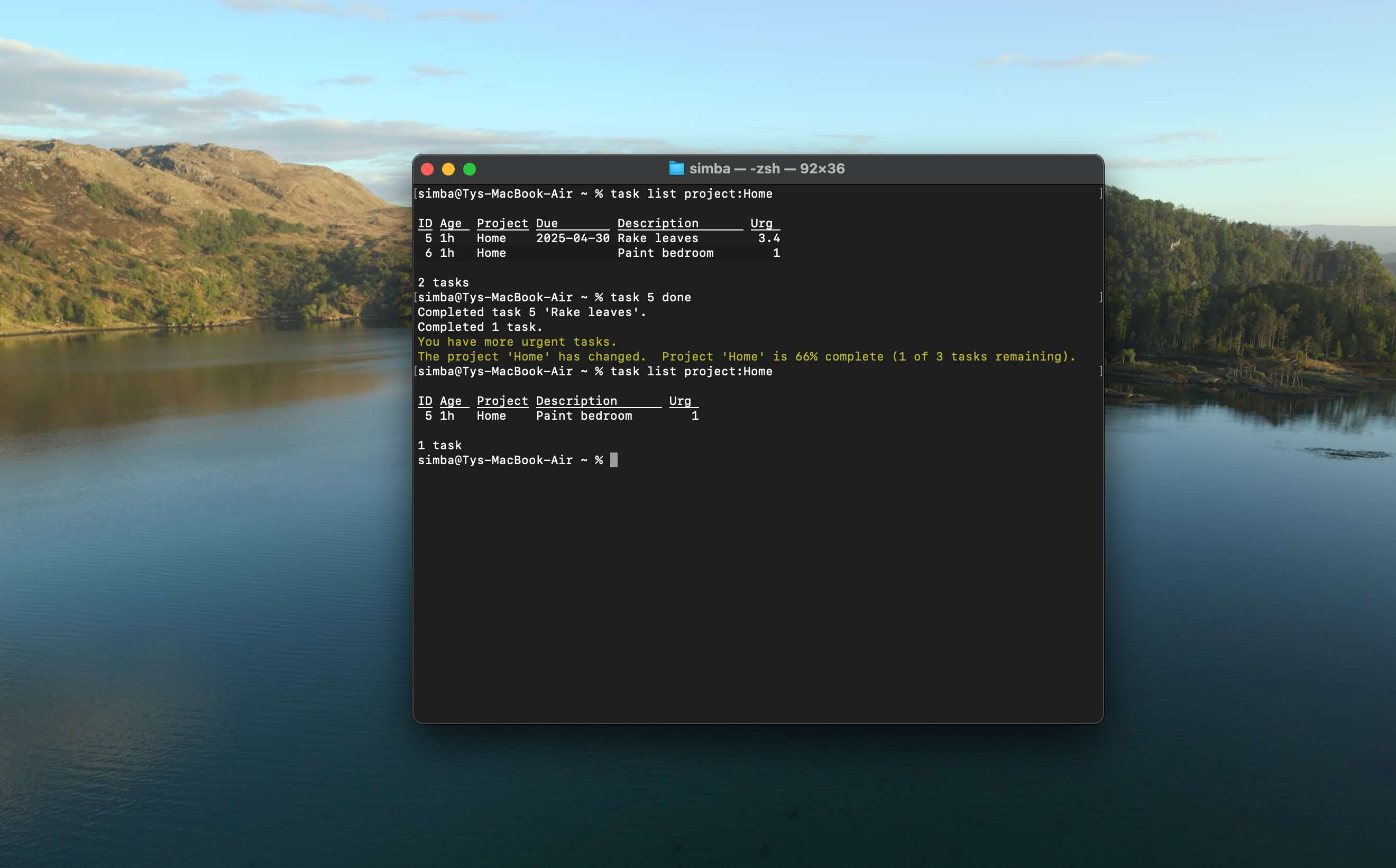 A screenshot of Taskwarrior on macOS