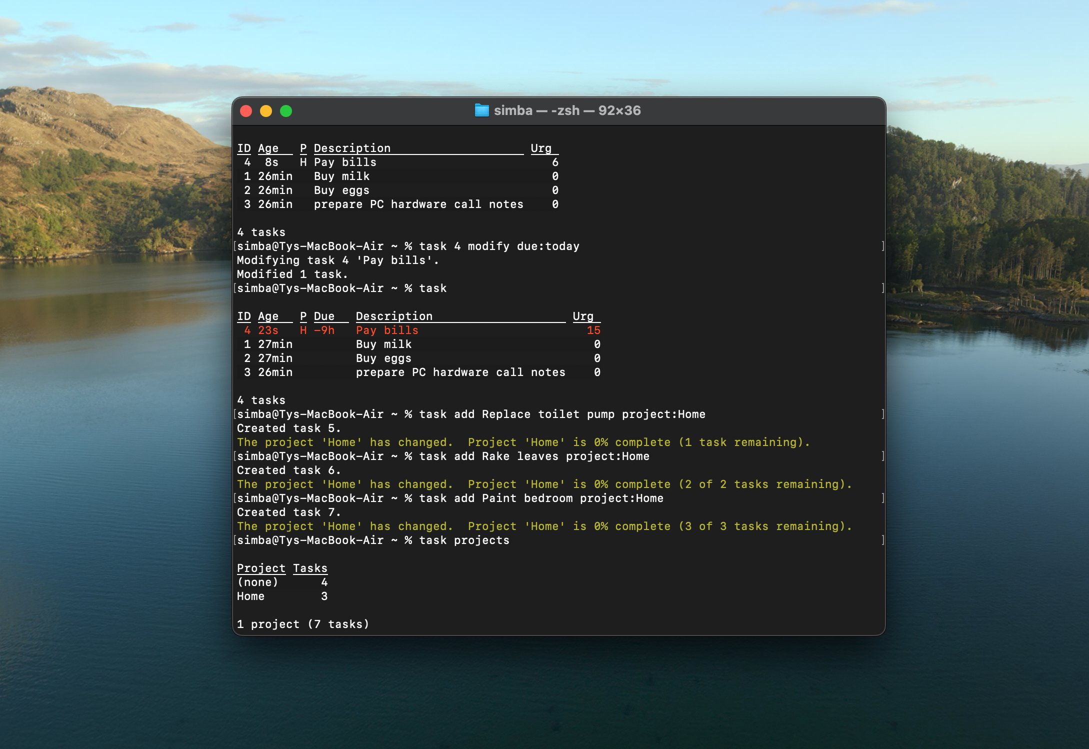 A screenshot of Taskwarrior on macOS
