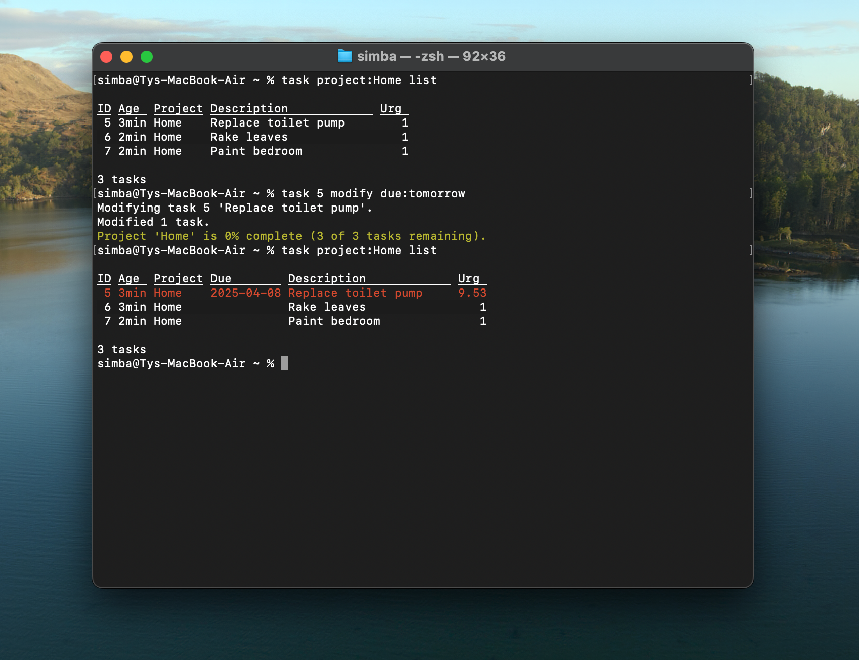 A screenshot of Taskwarrior on macOS