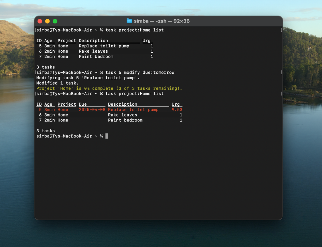 A screenshot of Taskwarrior on macOS