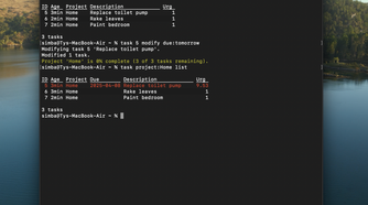 A screenshot of Taskwarrior on macOS