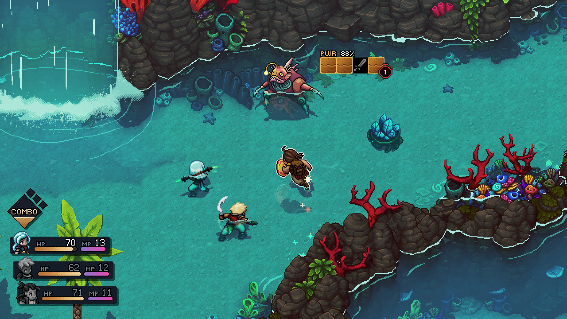 sea of stars combat near a waterfall