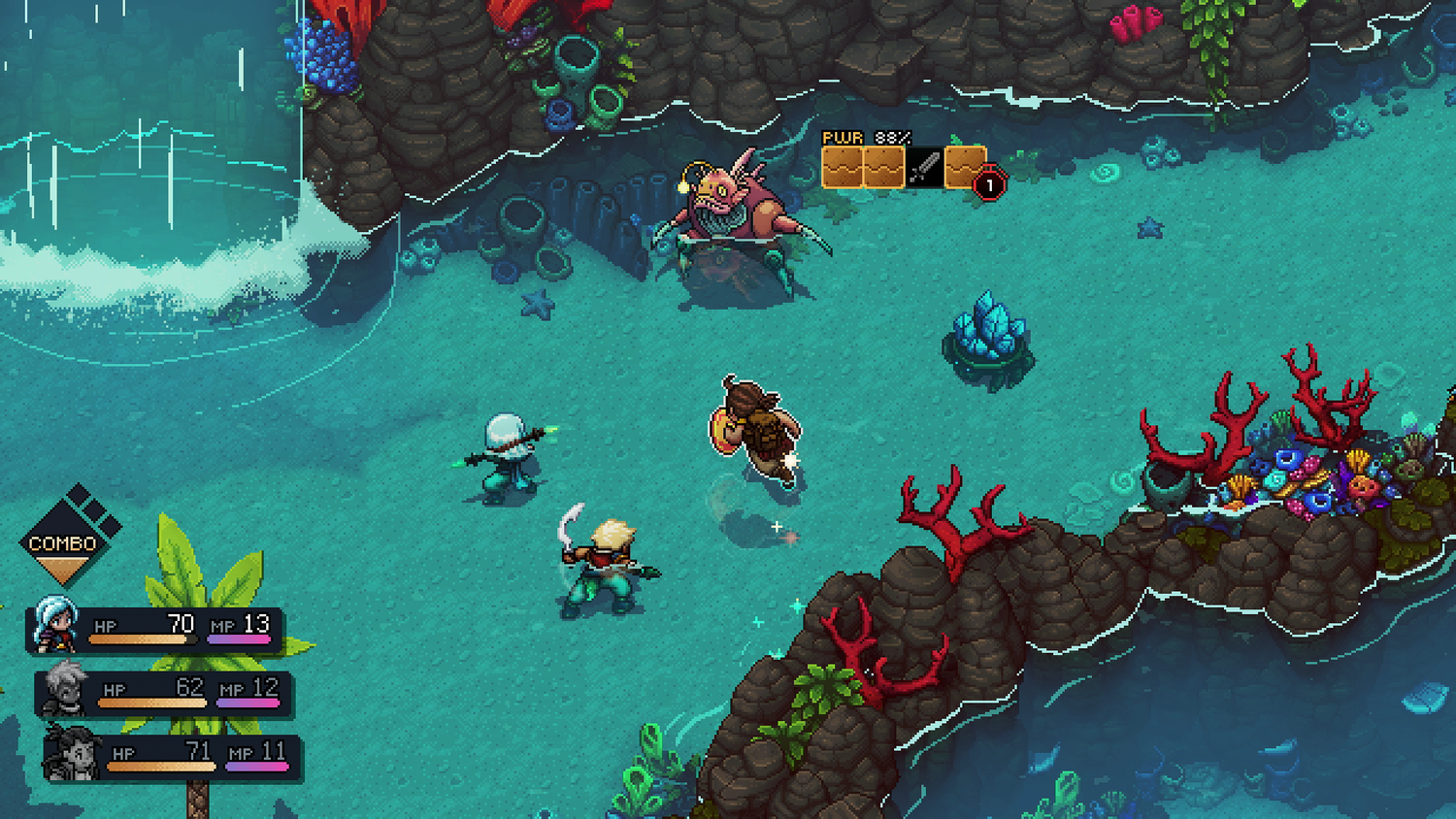 sea of stars combat near a waterfall
