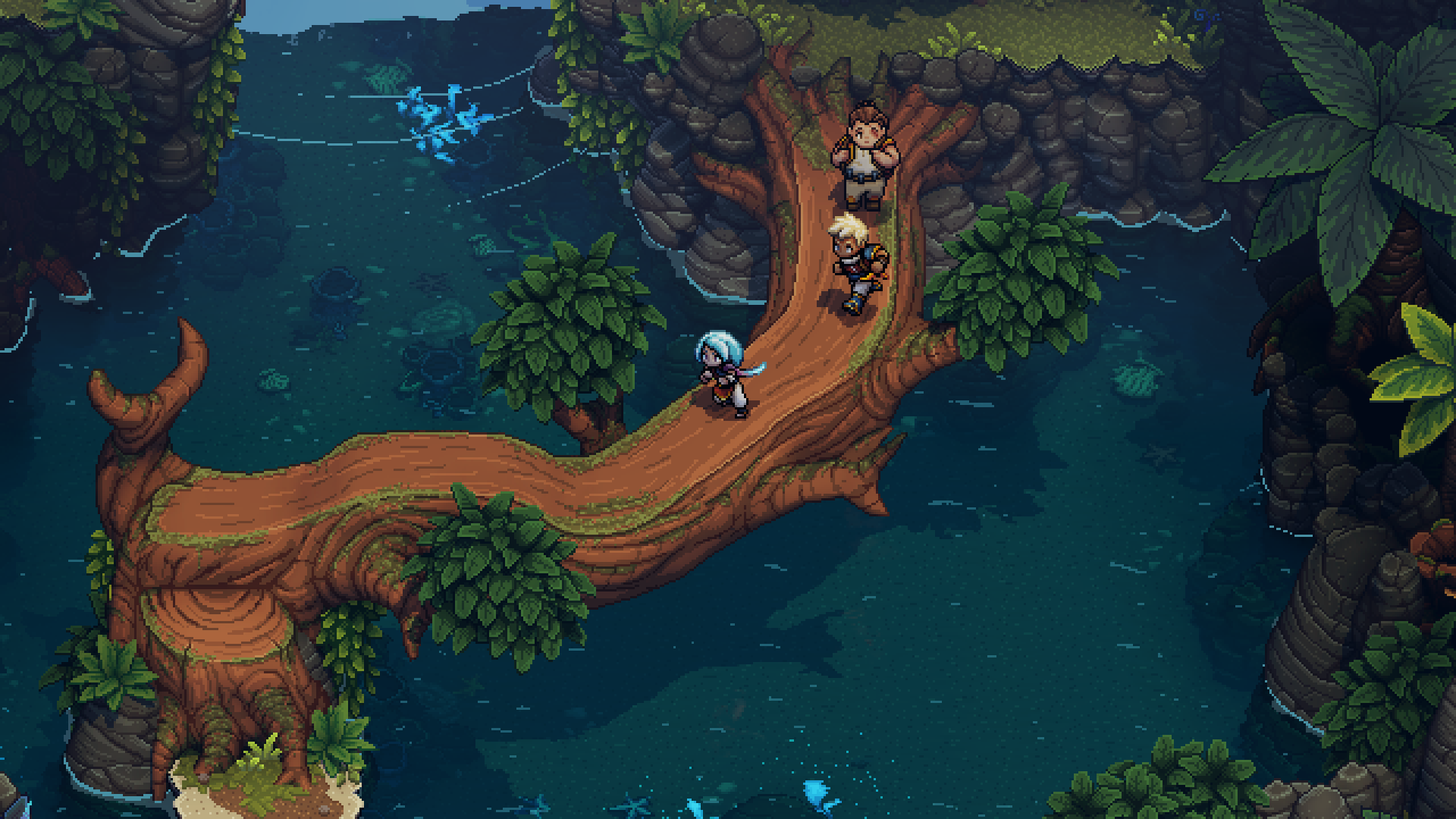 sea of stars, the party crossing a fallen tree