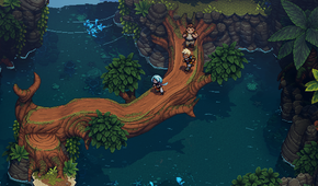 sea of stars, the party crossing a fallen tree