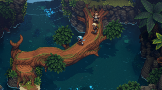 sea of stars, the party crossing a fallen tree