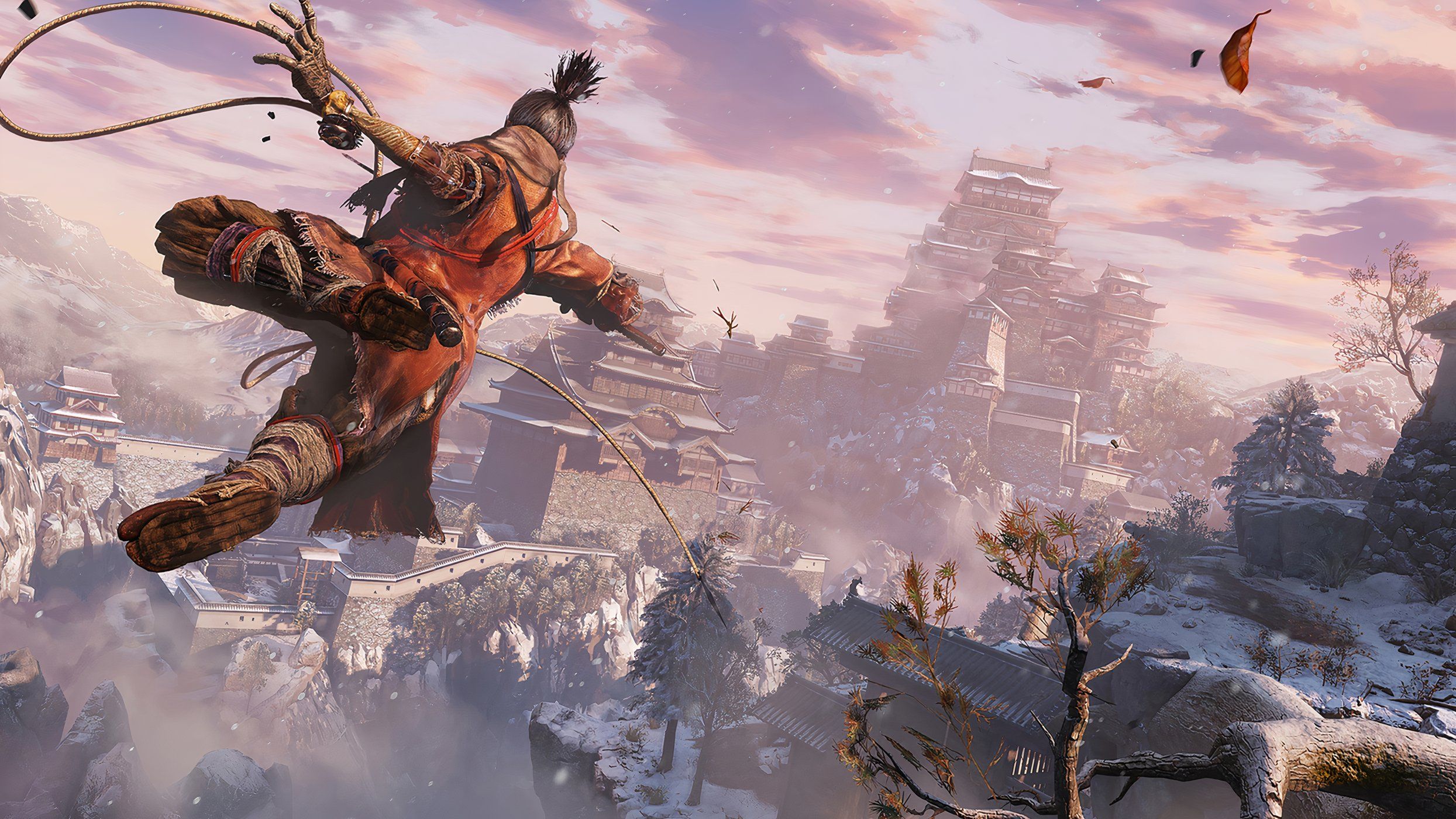 An image from the game Sekiro: Shadows Die Twice, showing Wolf, the protagonist, leaping into the air.