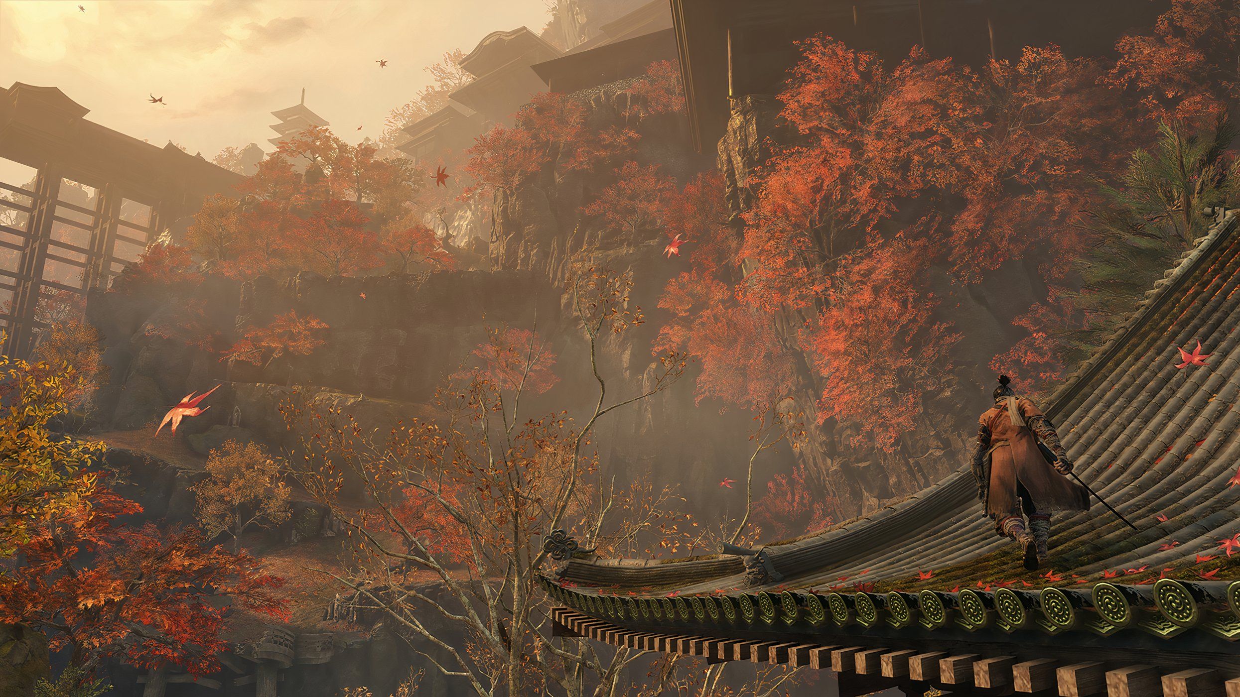 An image from the game Sekiro: Shadows Die Twice, showing Wolf, the protagonist, walking on a rooftop.