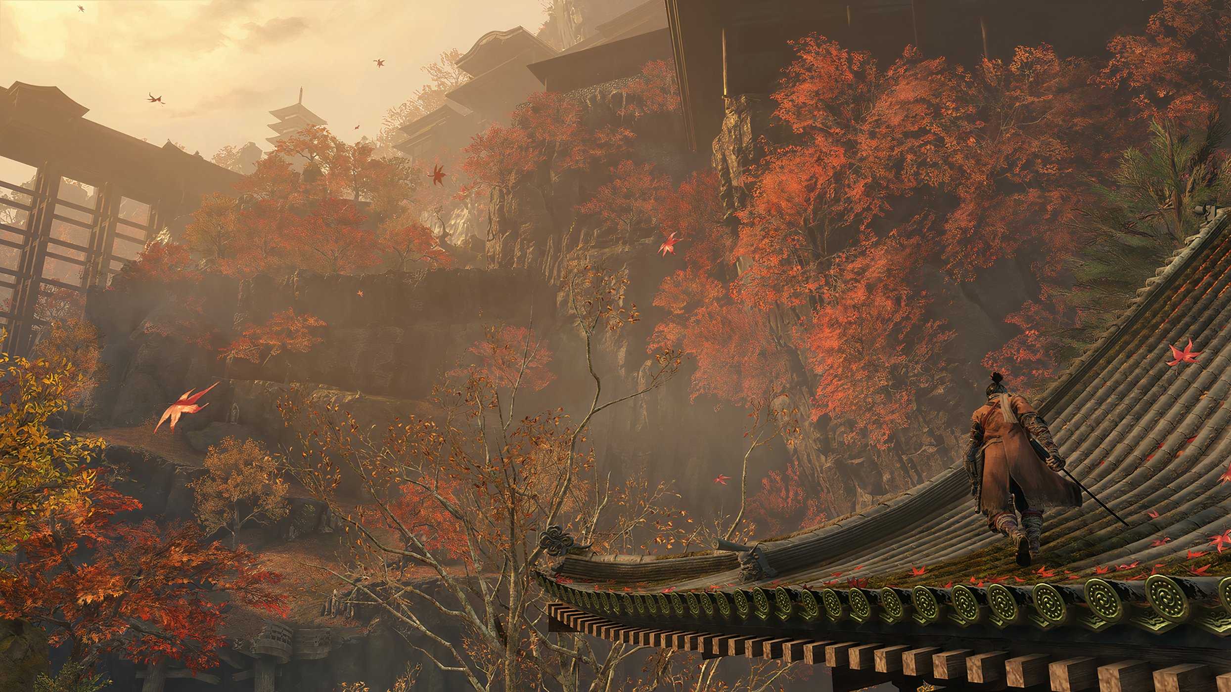 An image from the game Sekiro: Shadows Die Twice, showing Wolf, the protagonist, walking on a rooftop.
