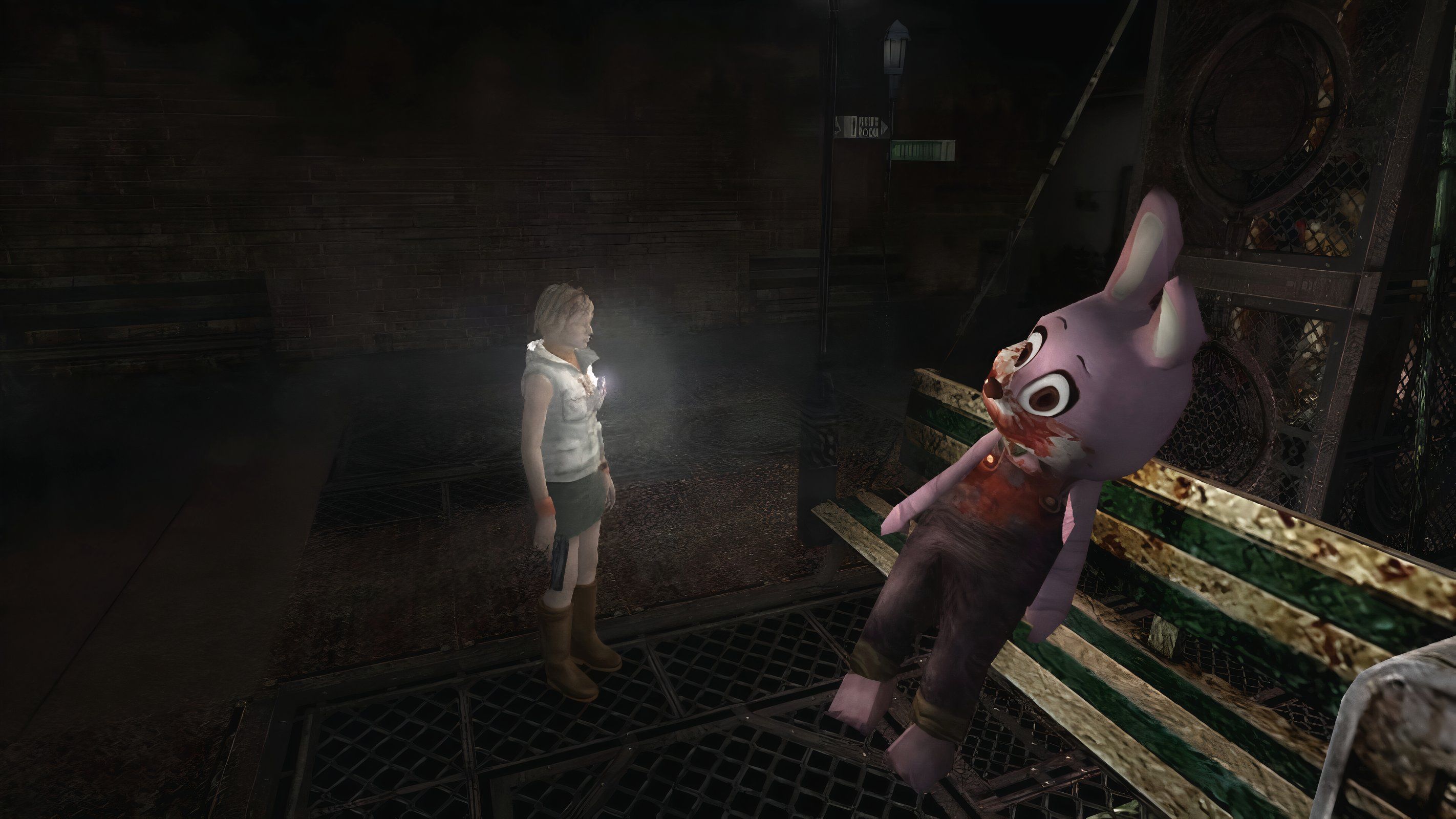 A screenshot from the 2012 game "Silent Hill HD Collection", showing Heather Mason shining a flashlight at a huge pink bunny outfit seated on a rusted bench.