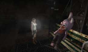 A screenshot from the 2012 game "Silent Hill HD Collection", showing Heather Mason shining a flashlight at a huge pink bunny outfit seated on a rusted bench.