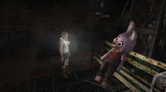 A screenshot from the 2012 game "Silent Hill HD Collection", showing Heather Mason shining a flashlight at a huge pink bunny outfit seated on a rusted bench.