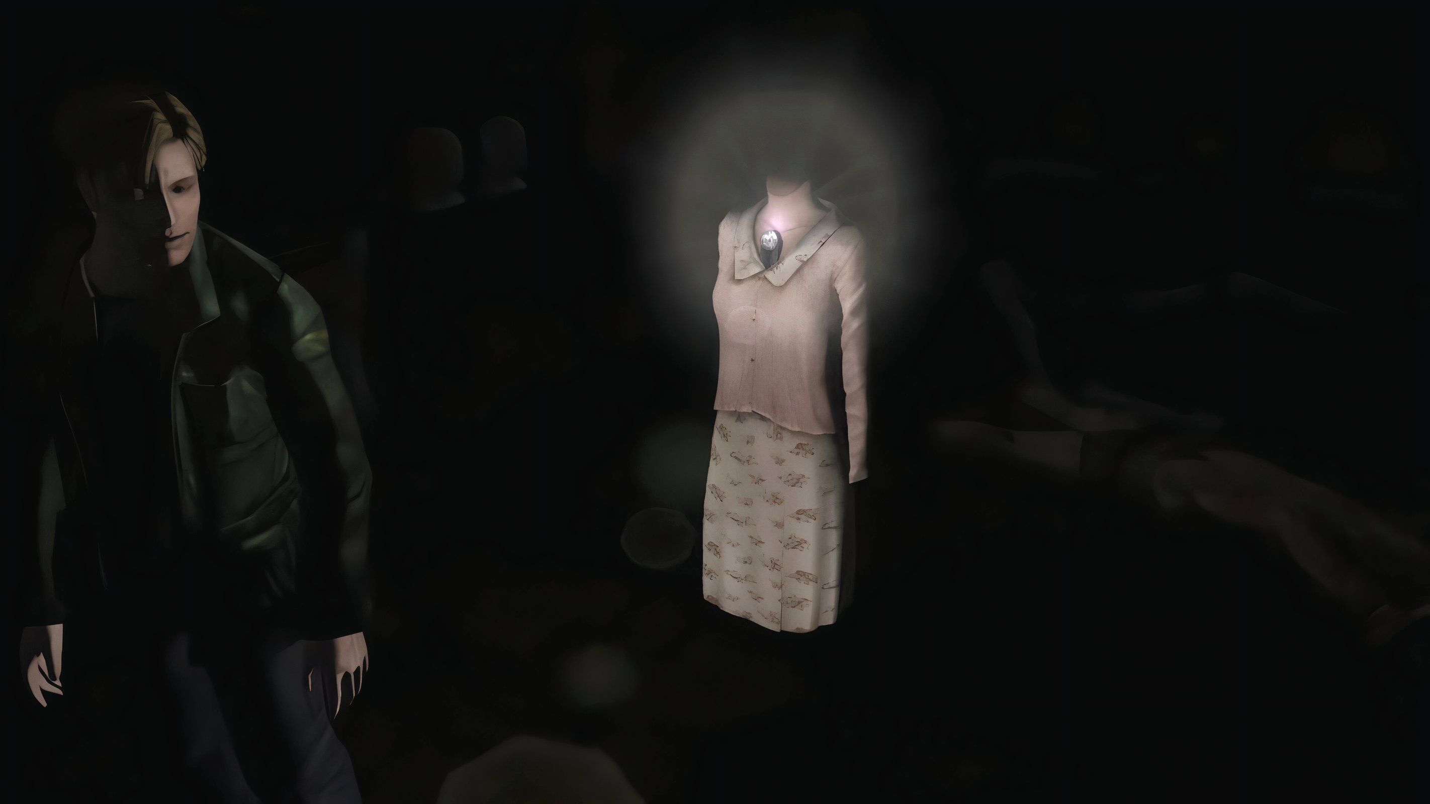 A screenshot from the 2012 game "Silent Hill HD Collection", showing James Sunderland standing next to a headless mannequin.