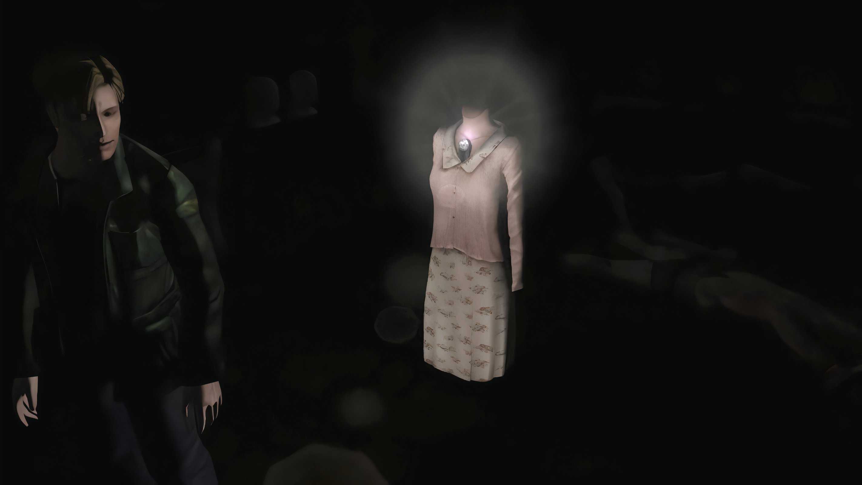 A screenshot from the 2012 game "Silent Hill HD Collection", showing James Sunderland standing next to a headless mannequin.