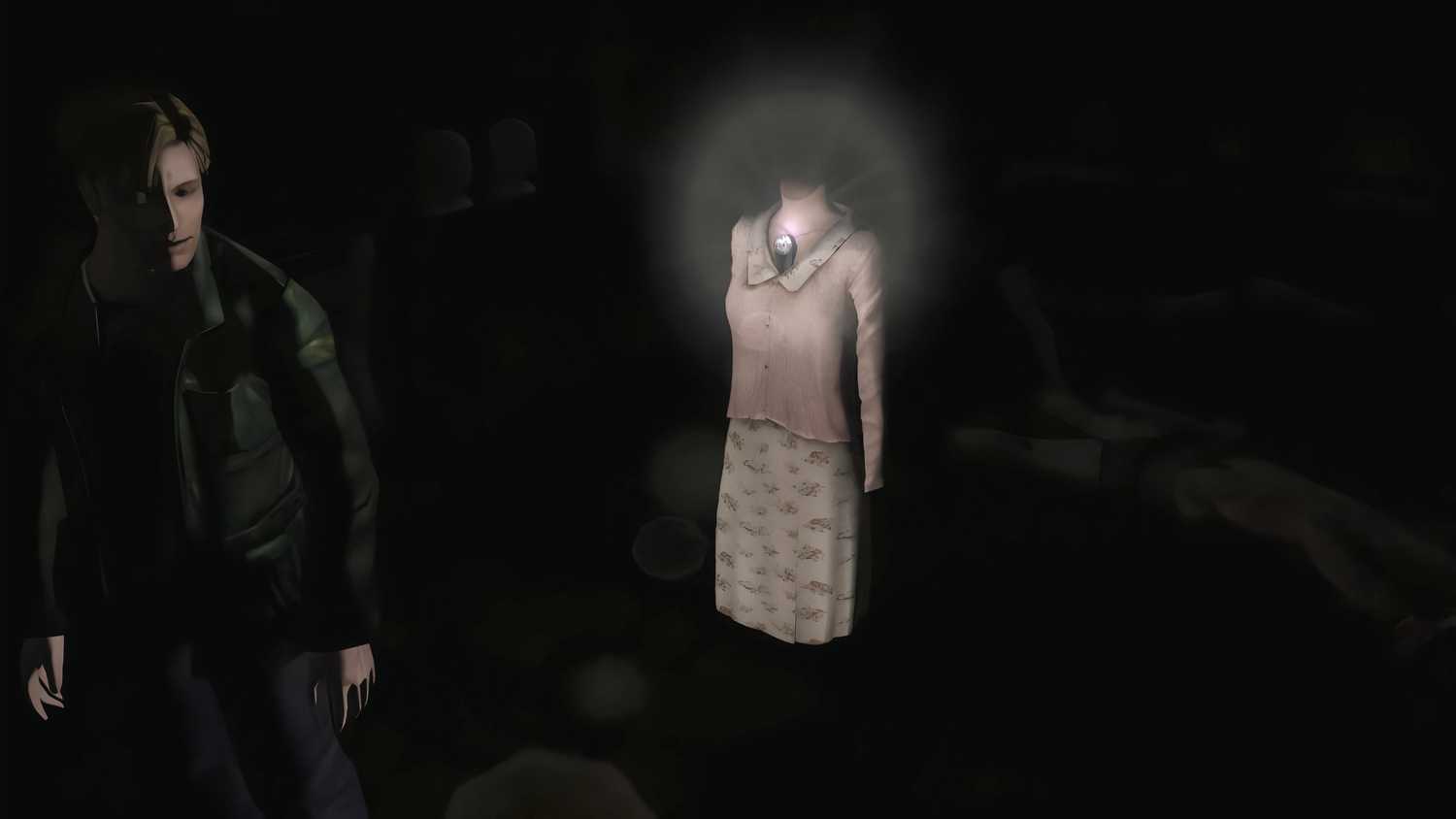 A screenshot from the 2012 game "Silent Hill HD Collection", showing James Sunderland standing next to a headless mannequin.