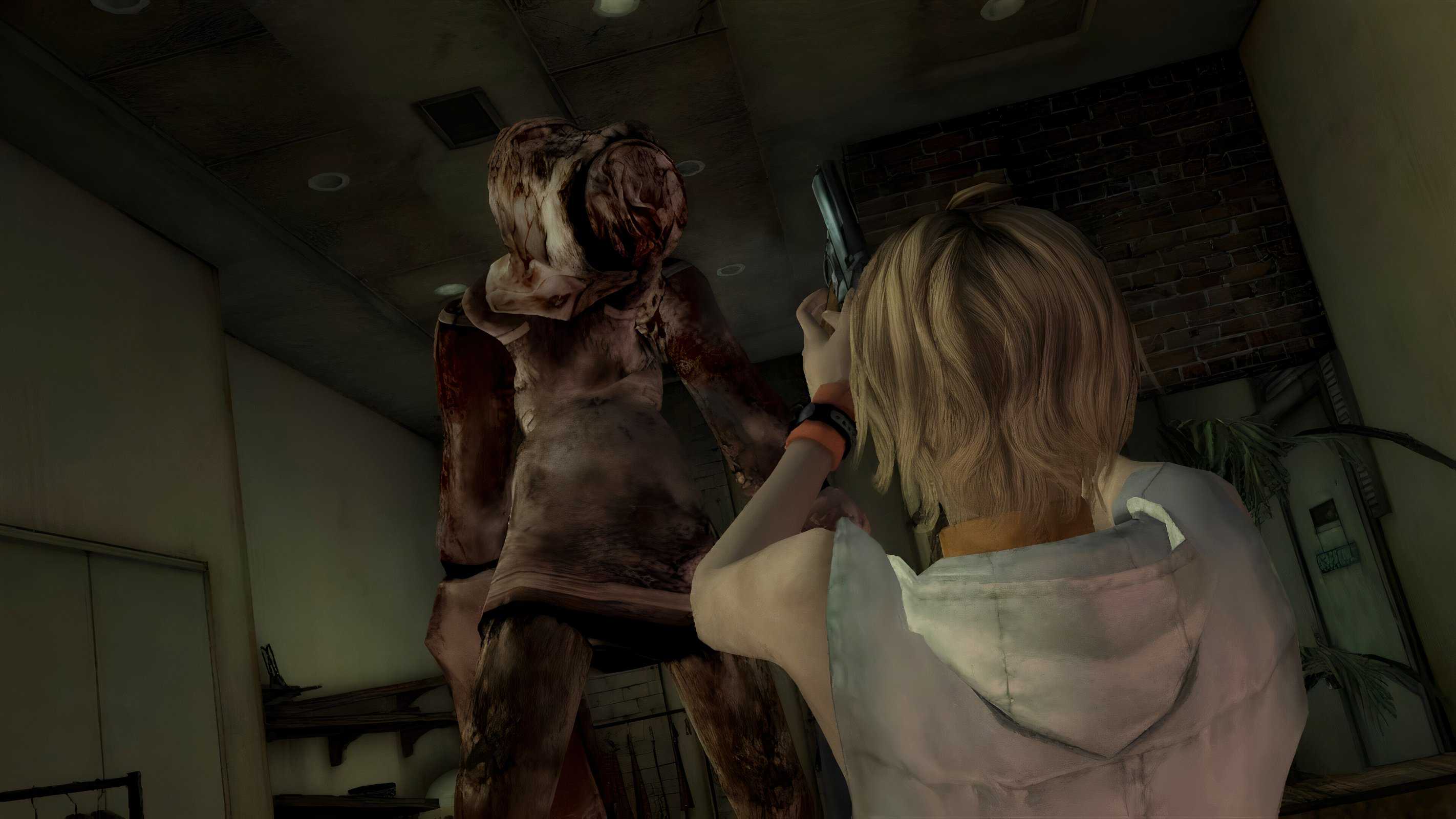 A screenshot from the 2012 game "Silent Hill HD Collection", showing Heather Mason aiming a weapon at a monster.