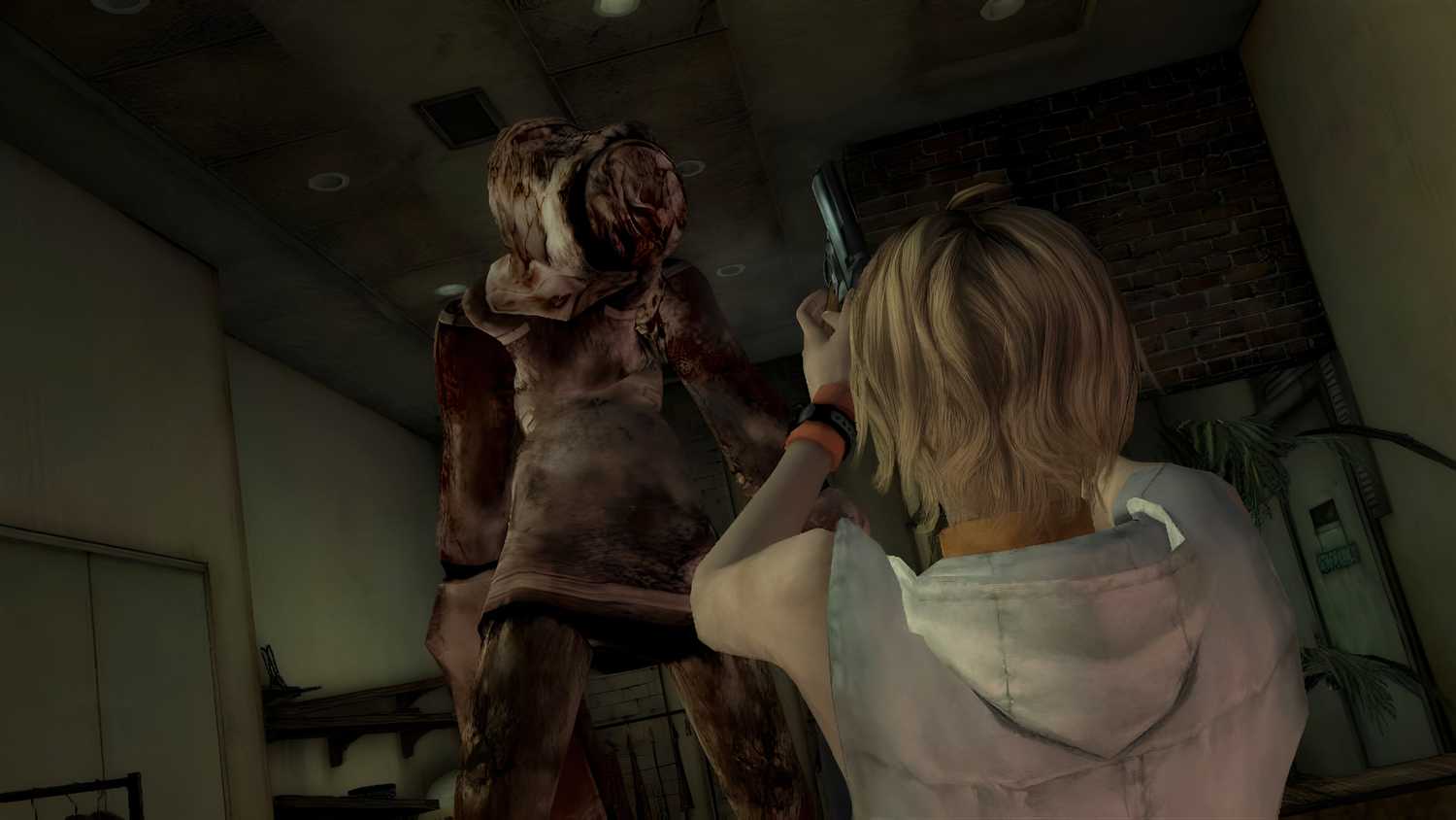 A screenshot from the 2012 game "Silent Hill HD Collection", showing Heather Mason aiming a weapon at a monster.