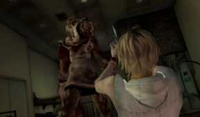 A screenshot from the 2012 game "Silent Hill HD Collection", showing Heather Mason aiming a weapon at a monster.