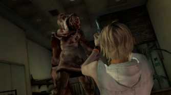 A screenshot from the 2012 game "Silent Hill HD Collection", showing Heather Mason aiming a weapon at a monster.