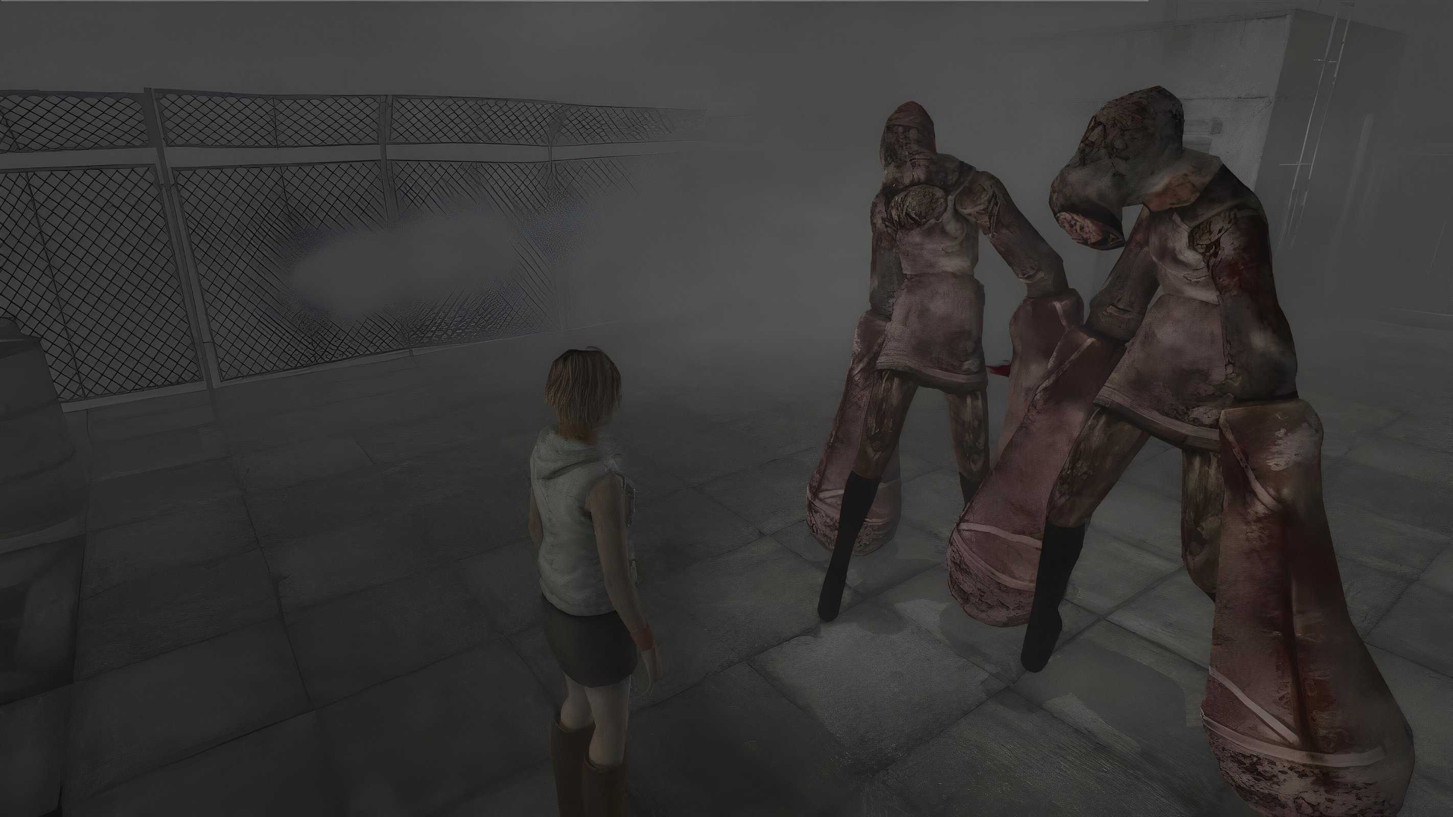 A screenshot from the 2012 game "Silent Hill HD Collection", showing Heather Mason facing two monsters.