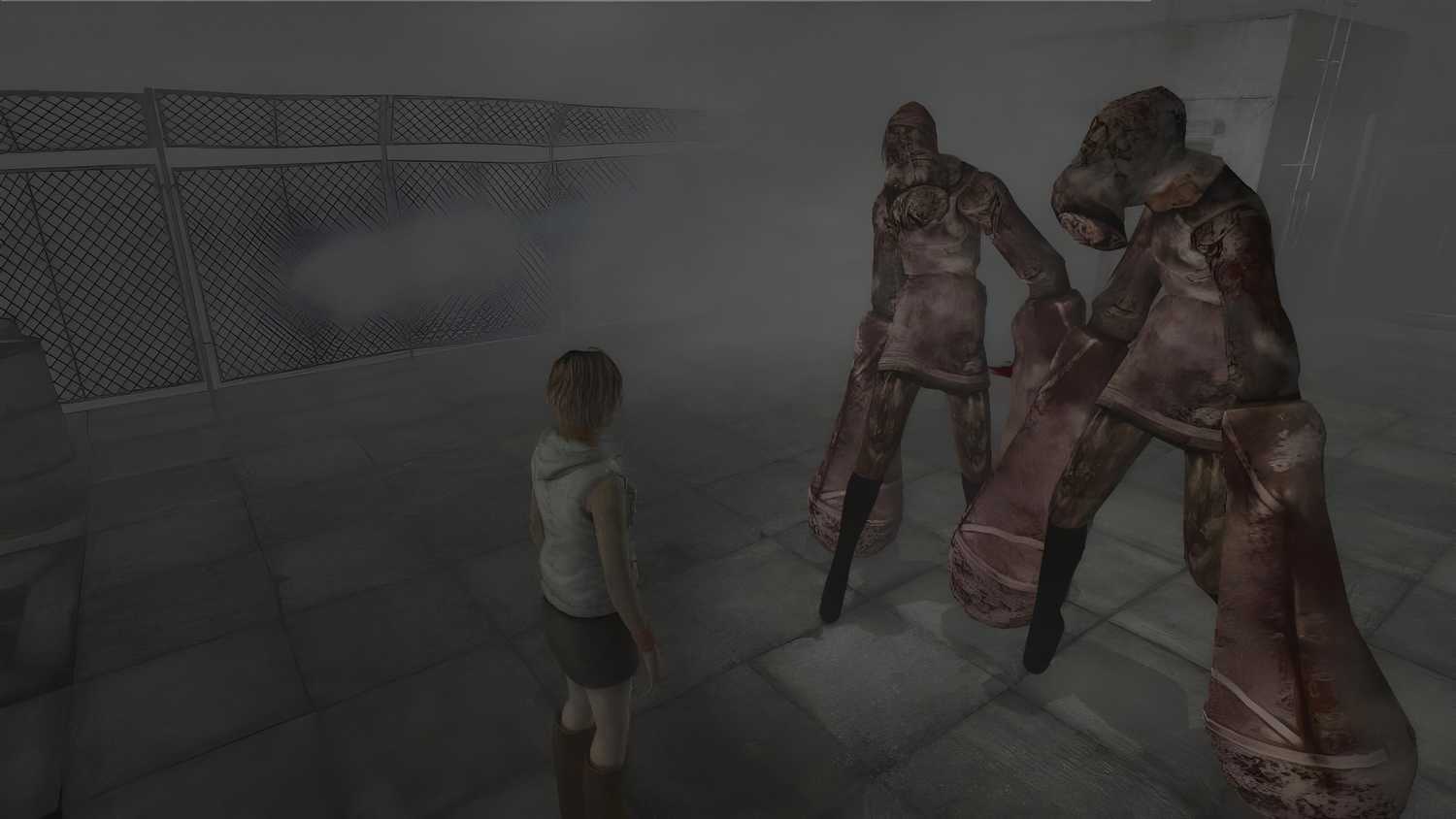 A screenshot from the 2012 game "Silent Hill HD Collection", showing Heather Mason facing two monsters.