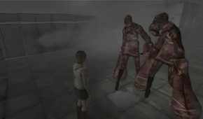 A screenshot from the 2012 game "Silent Hill HD Collection", showing Heather Mason facing two monsters.