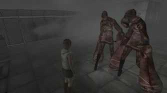 A screenshot from the 2012 game "Silent Hill HD Collection", showing Heather Mason facing two monsters.