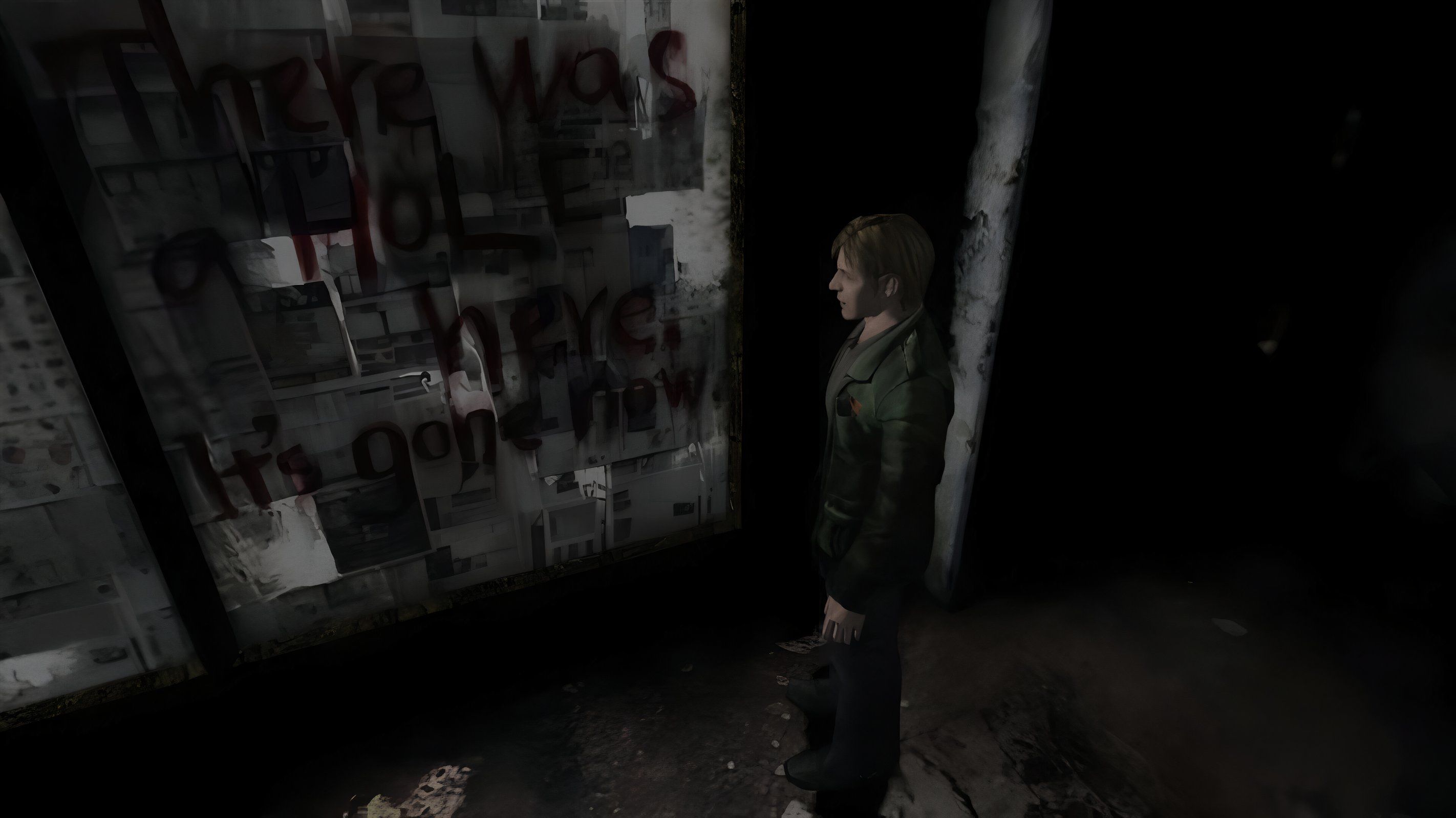 A screenshot from the 2012 game "Silent Hill HD Collection", showing James Sunderland looking at a window painted in blood.