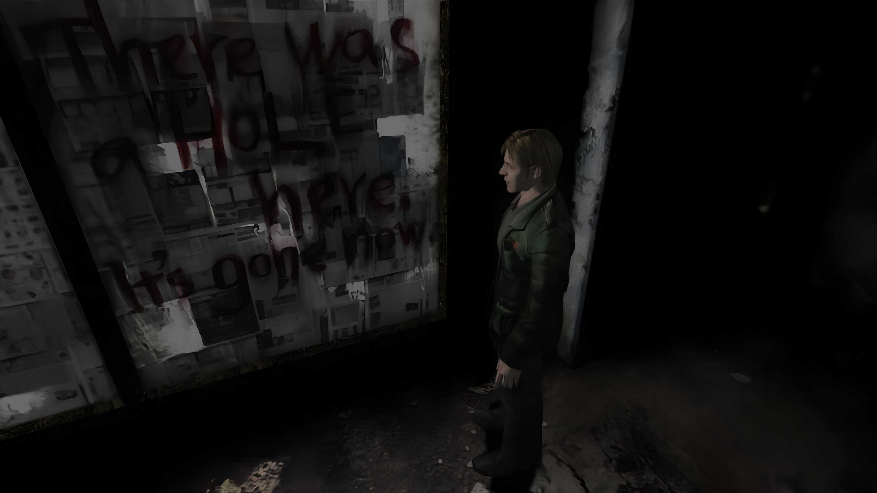 A screenshot from the 2012 game "Silent Hill HD Collection", showing James Sunderland looking at a window painted in blood.