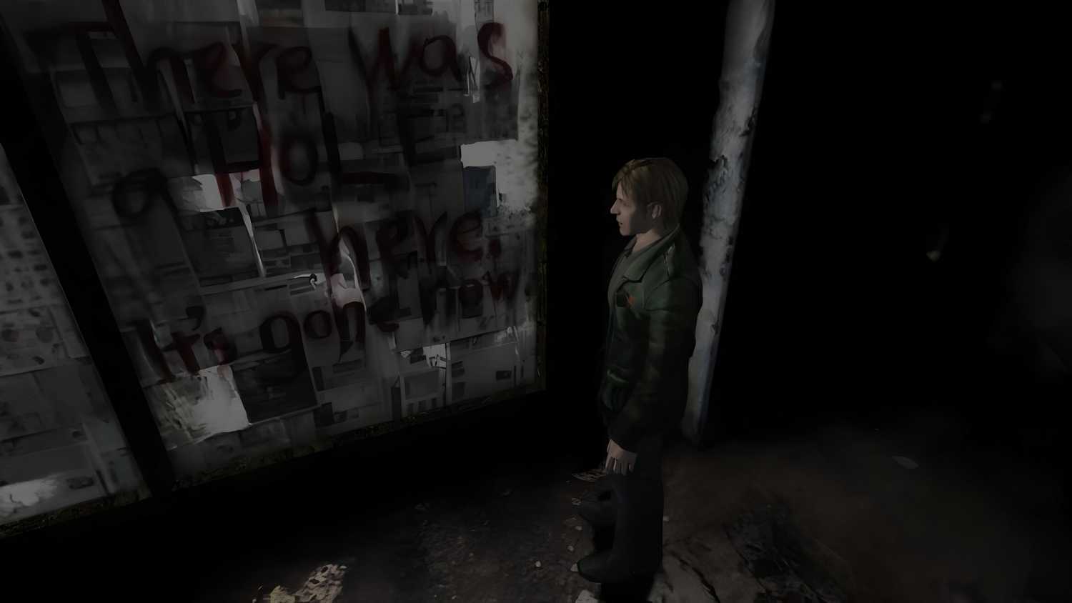 A screenshot from the 2012 game "Silent Hill HD Collection", showing James Sunderland looking at a window painted in blood.