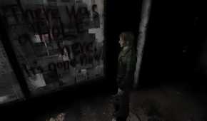 A screenshot from the 2012 game "Silent Hill HD Collection", showing James Sunderland looking at a window painted in blood.