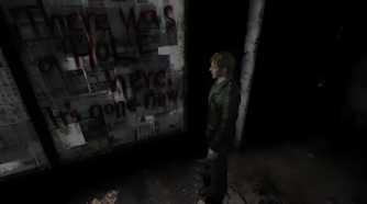 A screenshot from the 2012 game "Silent Hill HD Collection", showing James Sunderland looking at a window painted in blood.