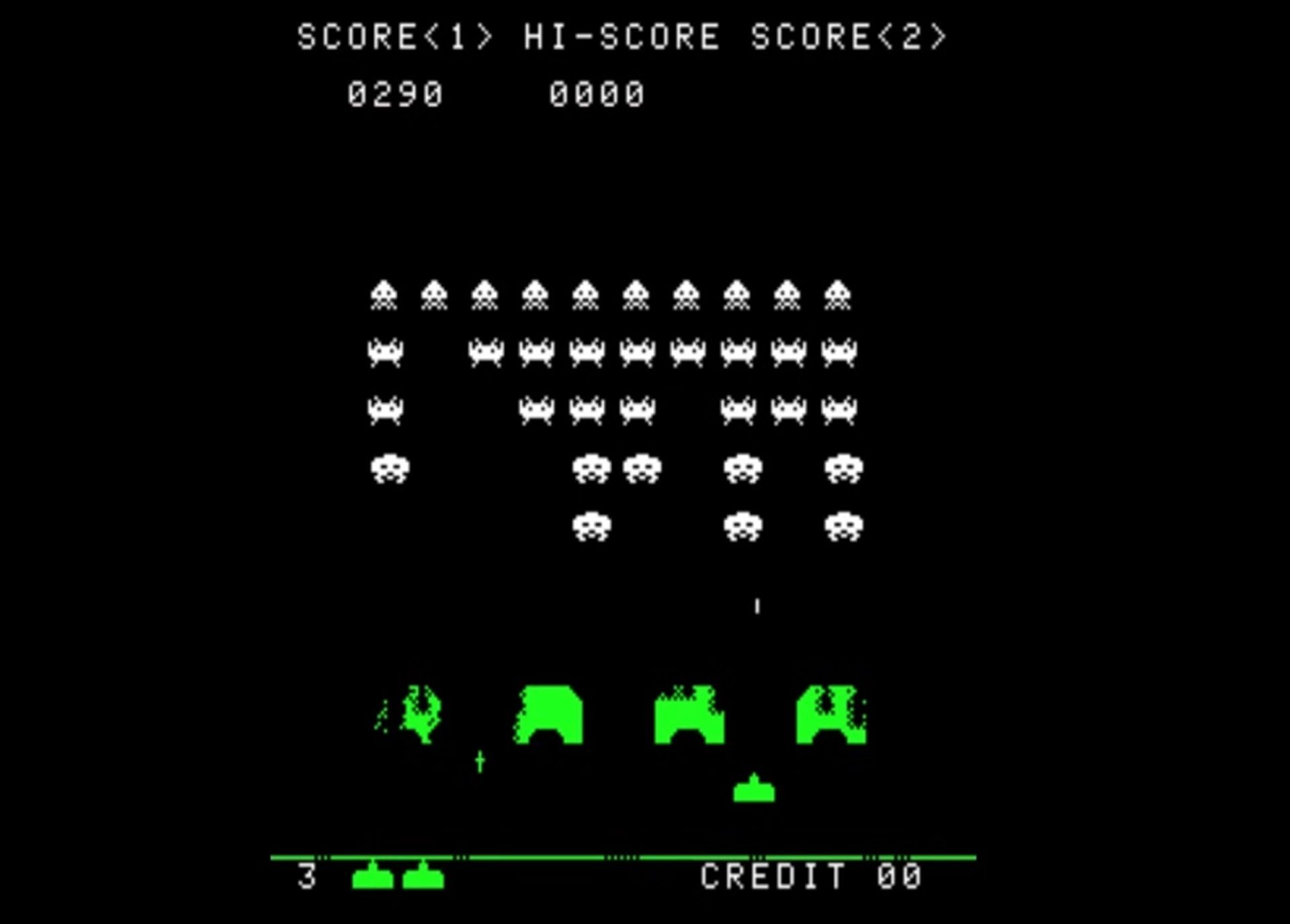 A screenshot of gameplay of Space Invaders. 