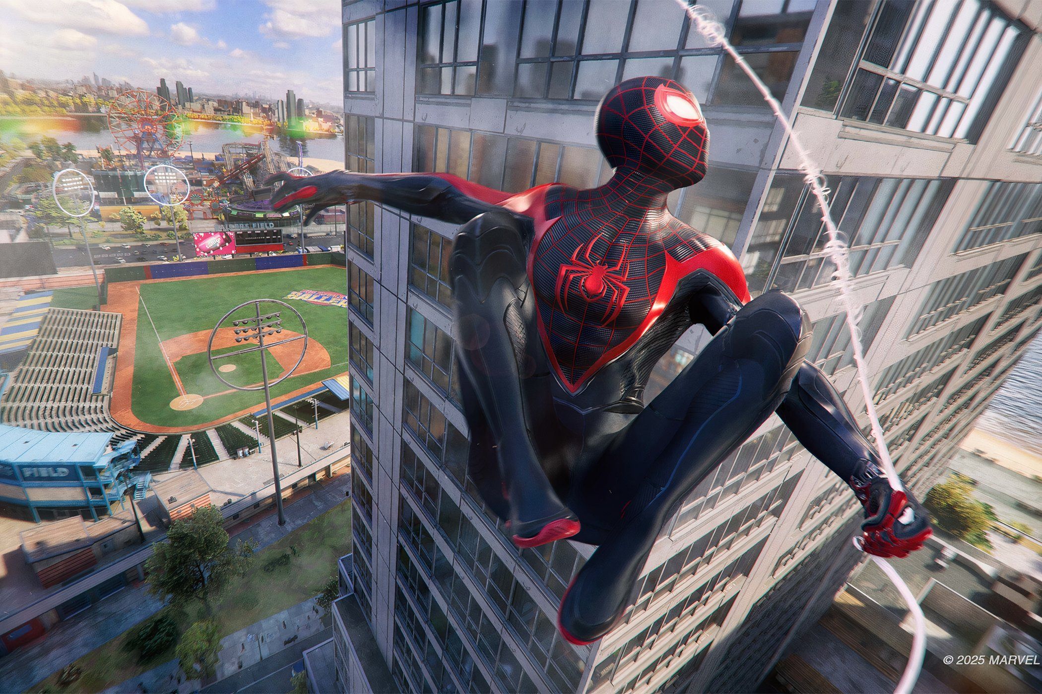 An image from Insomniac's Spider-Man 2, showing Miles Morales as Spider-Man swinging through the city.