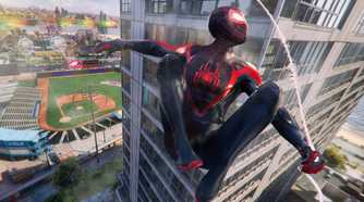An image from Insomniac's Spider-Man 2, showing Miles Morales as Spider-Man swinging through the city.