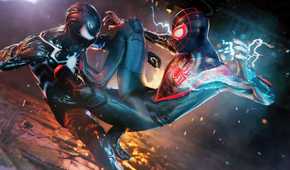 An image from Insomniac's Spider-Man 2, showing two Spider-Men fighting.